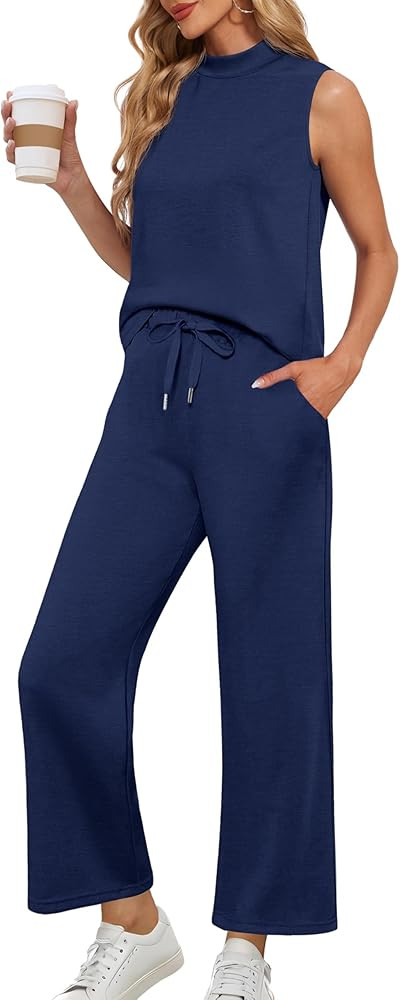 Lepunuo Two Piece Sets for Women Summer Mock Neck Sleeveless Top Wide Leg Pants Lounge Sets Vacat... | Amazon (US)