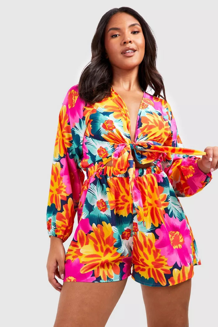Plus Tie Front Tropical Beach Romper | Boohoo.com (US & CA)