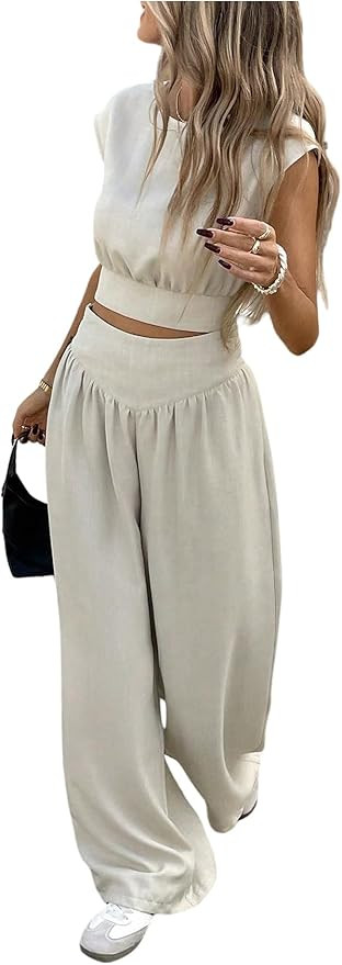 Floerns Women's 2 Piece Outfit Tie Back Cap Sleeve Crop Tops and Wide Leg Pants Set | Amazon (US)