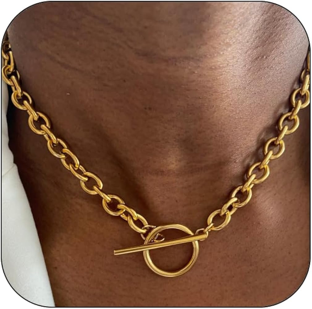 Chunky Gold Geometric Choker Necklace for Women Miss, Dainty Cuban Curb Chain OT Buckle Statement... | Amazon (US)