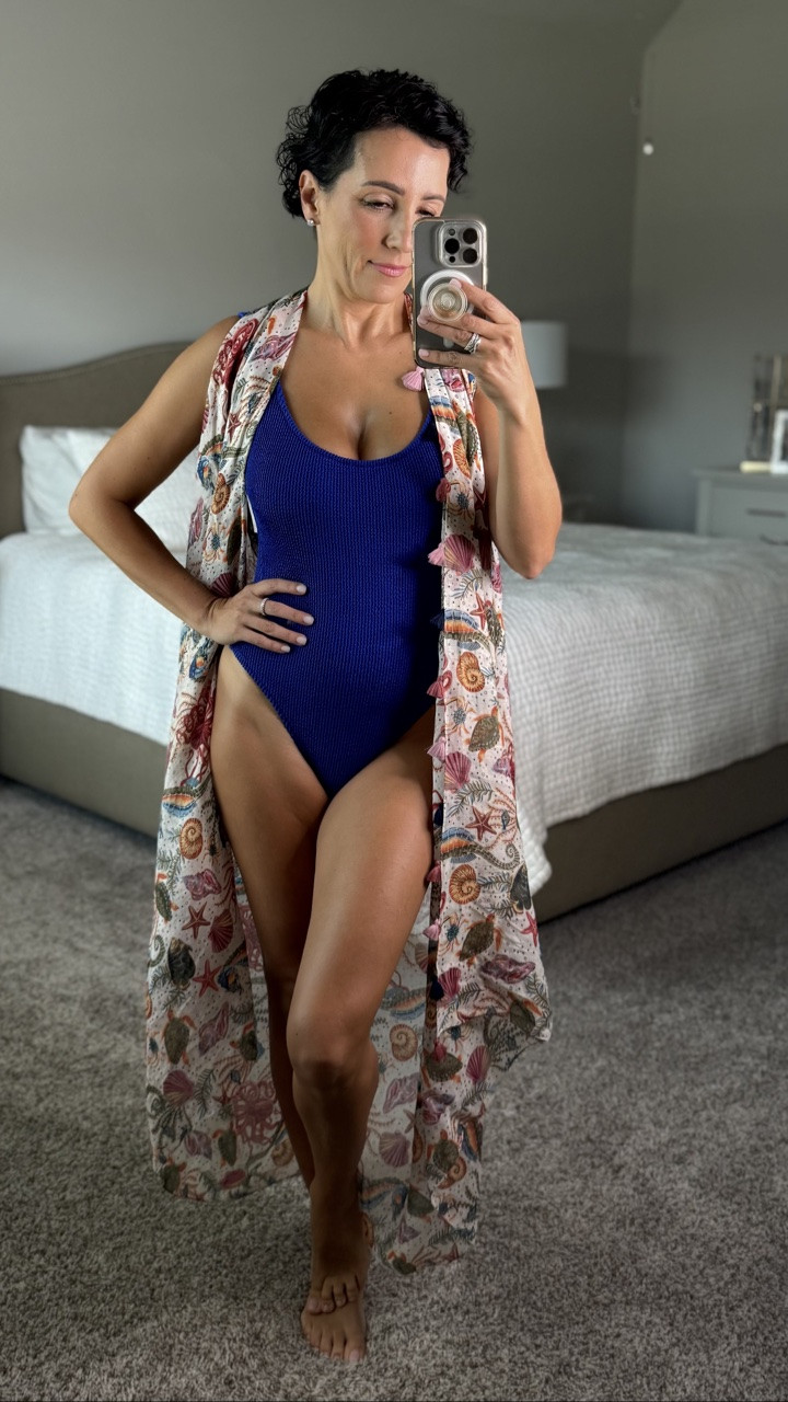 Love this blue one-piece from J.Crew. The crinkle fabric is what makes it—comfortable, flattering, and easy to wear all day. One thing I especially appreciate is that it actually allows room in the chest, which so many similar styles don’t. The fit is beautiful, the color is gorgeous, and it’s one I’ll be reaching for all summer long.