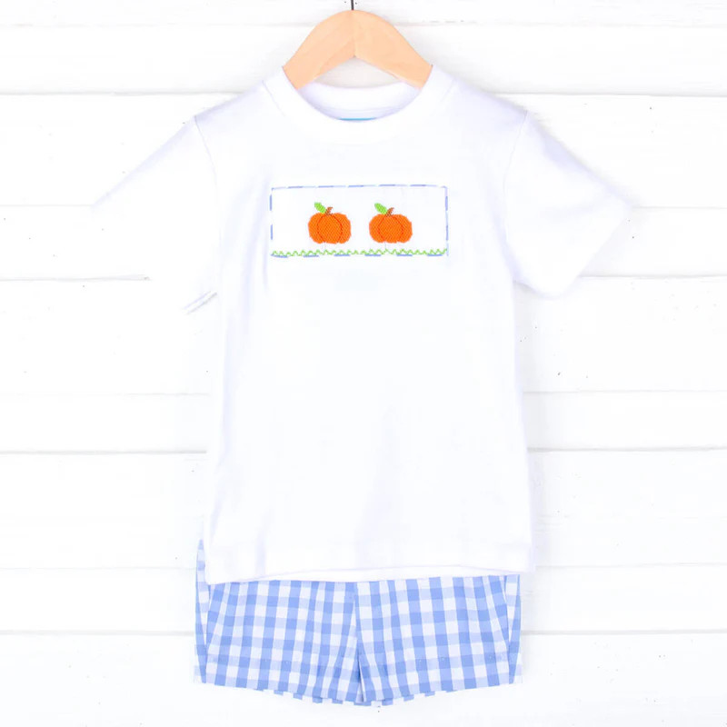 Pumpkin Smocked Light Blue Check Short Set | Classic Whimsy
