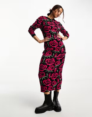 Neon Rose long sleeve rose intarsia midaxi dress in black  | ASOS | ASOS (Global)