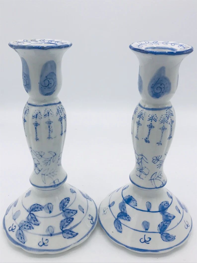 Vintage  Blue and White  Floral Porcelain  Candle holders-Nice | Etsy | Etsy (US)