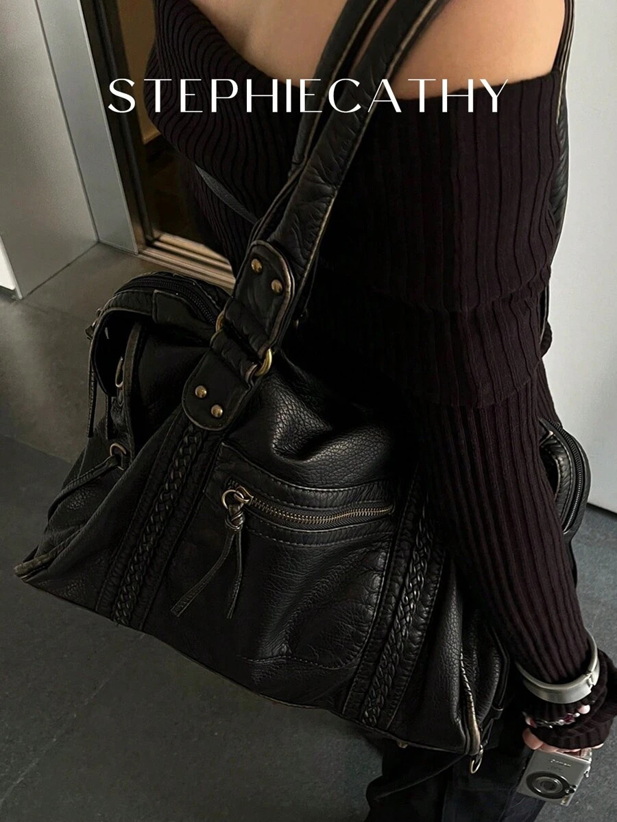 STEPHIECATHY Retro Casual Cool Street Unisex Style Soft Brush Off Washed PU Vegan Leather Zipper ... | SHEIN