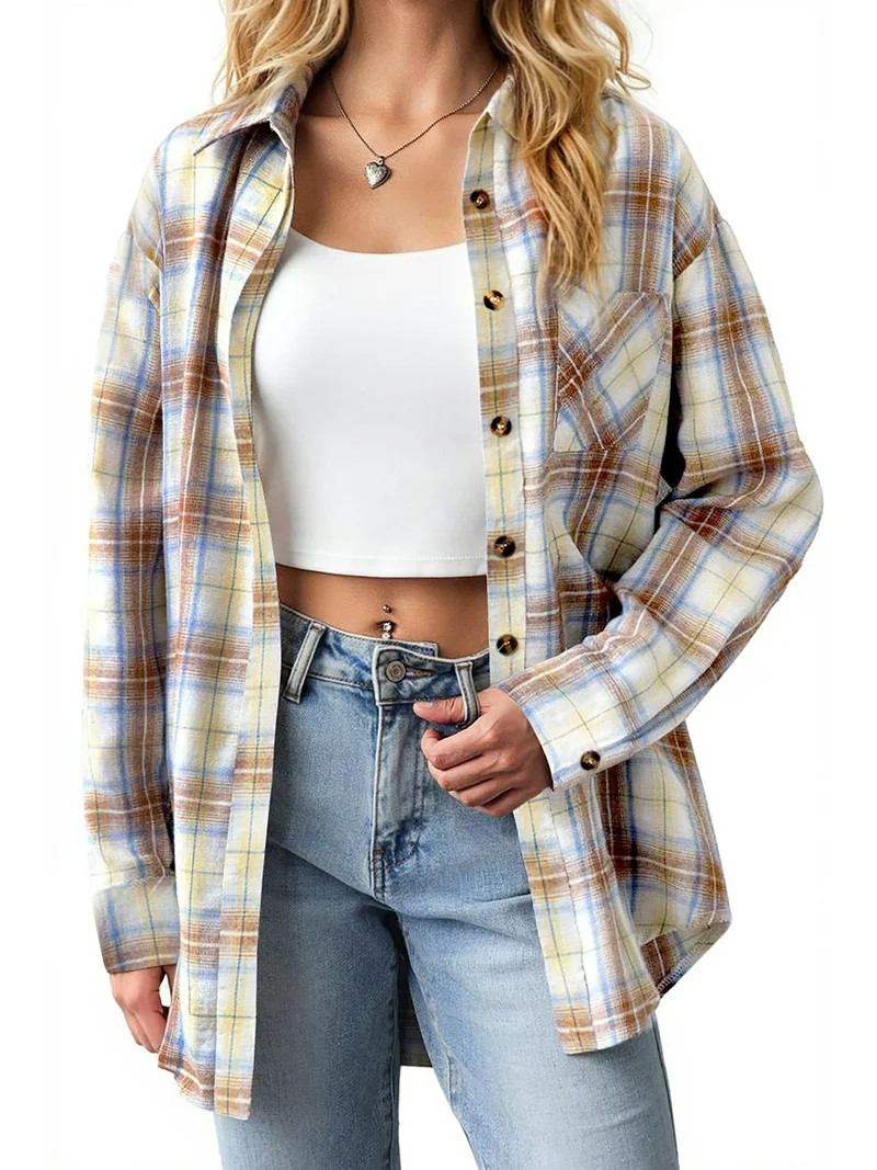 Fantaslook Plaid Shirts for Women Button Down Flannel Shirts Casual Loose Long Sleeve Blouses Top... | Walmart (US)