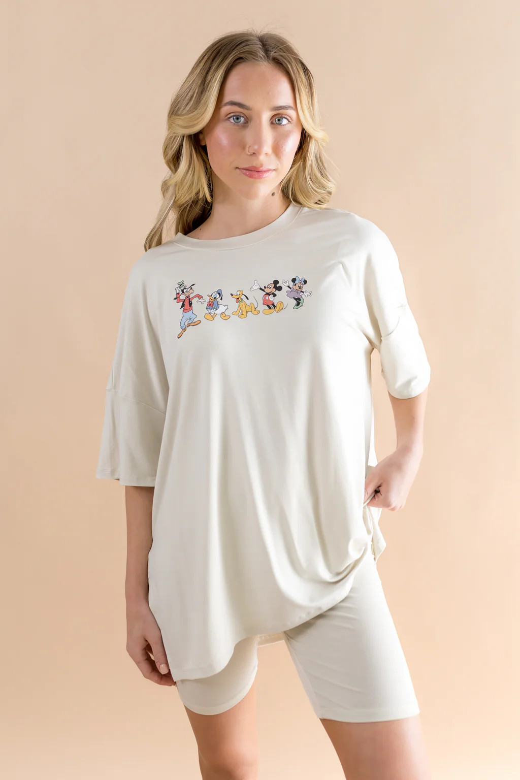 Women\u2019s Biker Short Set in Mickey and Friends on Ecru | Kyte Baby