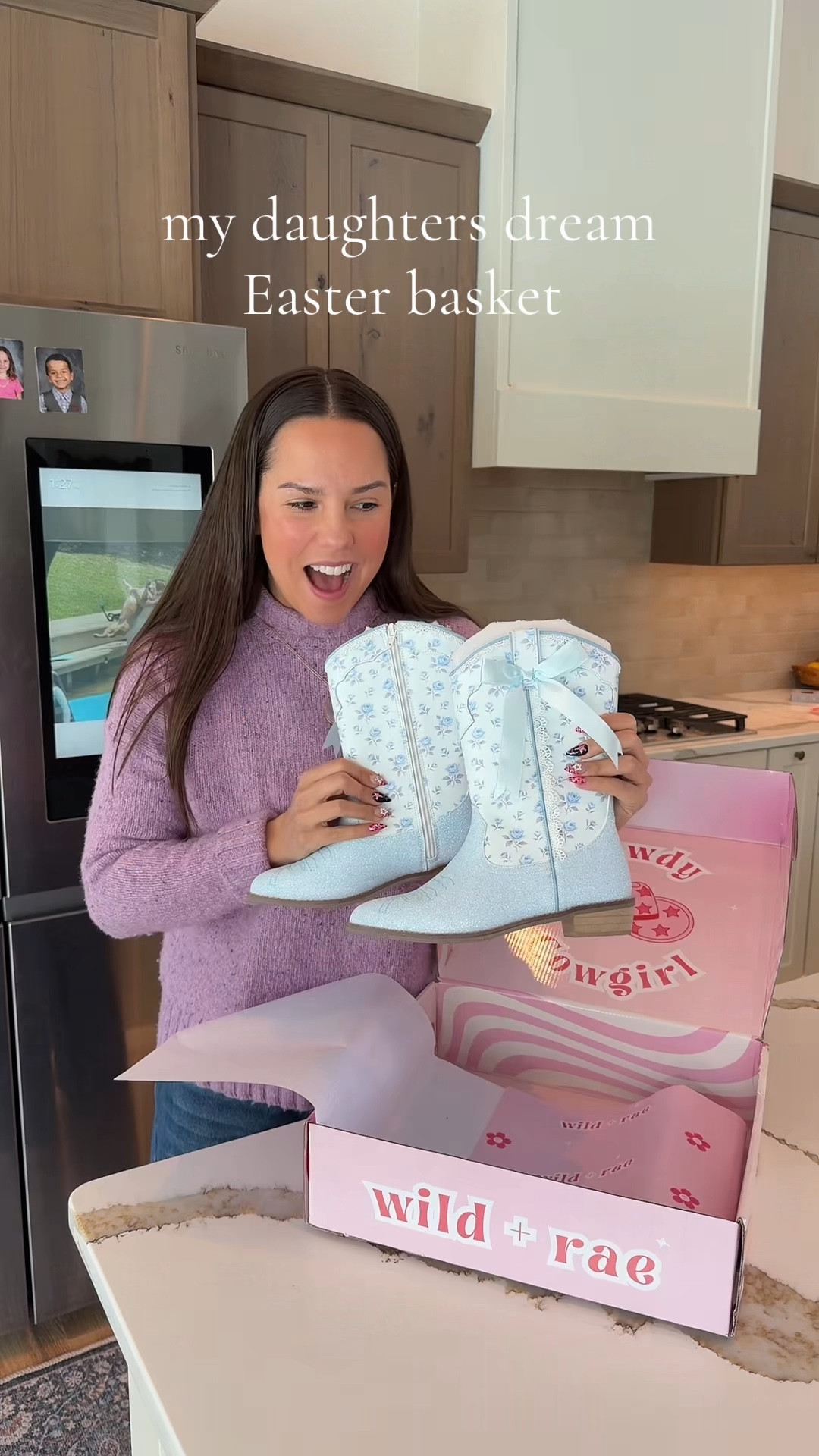 turning these @wildandrae boots into the PERFECT Easter basket 🫶🏼😍 I couldn’t pass up these gorgeous blue coquette boots. She’s going to be wearing them all spring! #easterbasketideas #easterbasket #easterbasketstuffers 