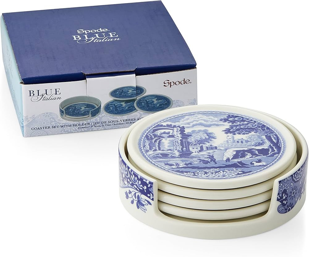 Spode Blue Italian Coasters for Drinks | Set of 4 | Ceramic Coasters and Holder | Tabletop Protec... | Amazon (US)