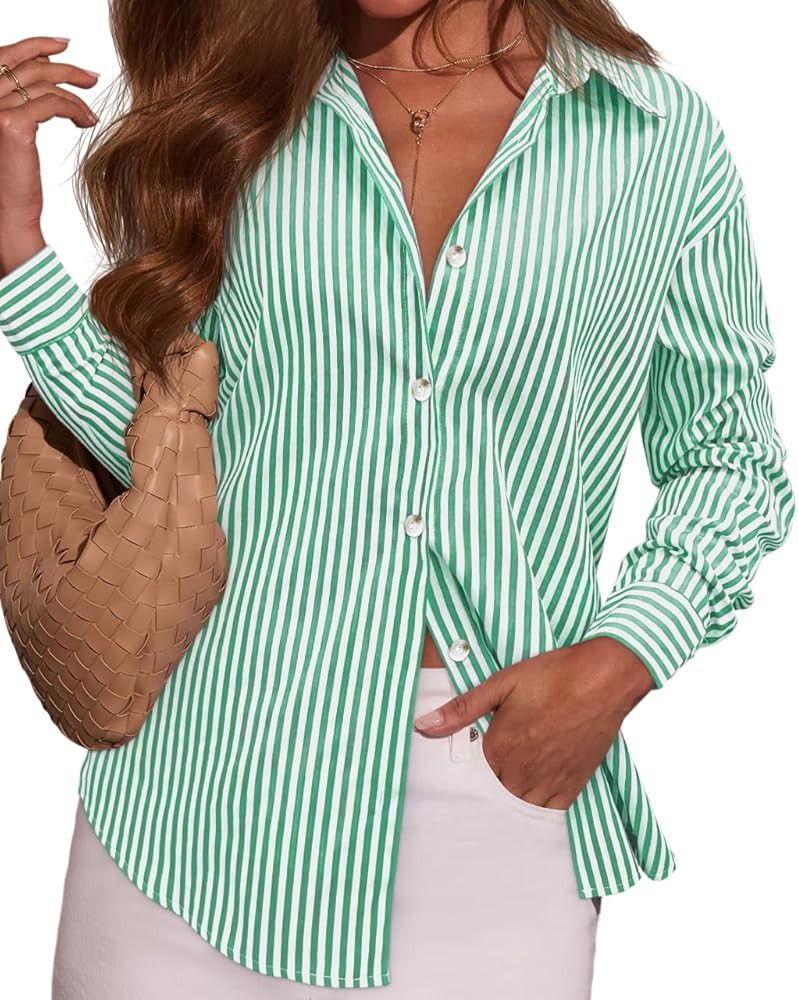 OMSJ Women's Striped Button Down Shirts Casual Long Sleeve Stylish Collared Classic Office Work B... | Amazon (US)