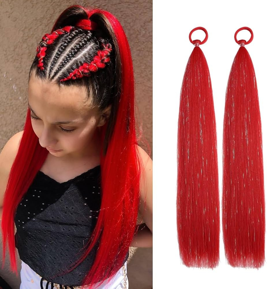 Red Ponytail Extensions Hair Tinsel, Braiding Hair With Rubber Band for Girls Accessories Shiny R... | Amazon (US)