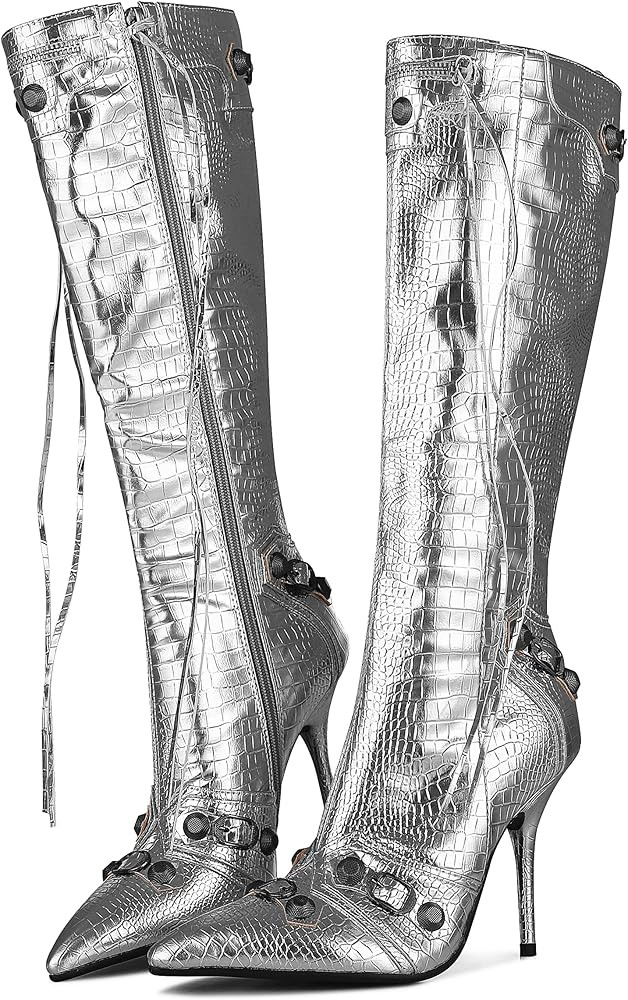 Synchoiss Knee High Boots for Women Stilettos High Heels Sexy Pointed Toe Zip Rivets Stone Patter... | Amazon (US)