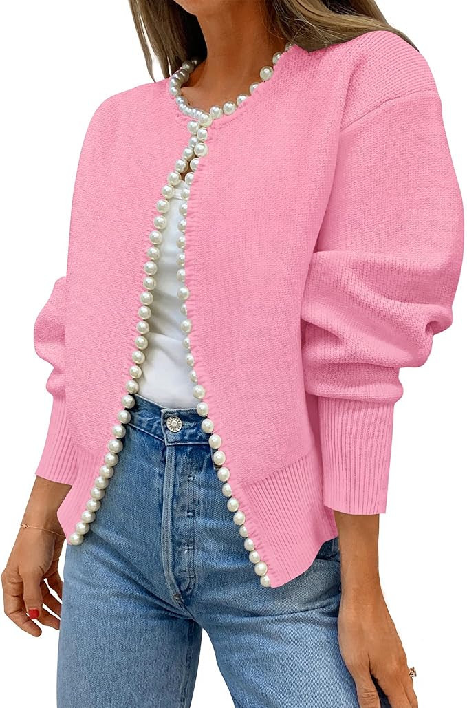 ZESICA Women's Open Front Cardigan Sweater Casual Knitted Long Sleeve Pearls Trim Outerwear Coat ... | Amazon (US)