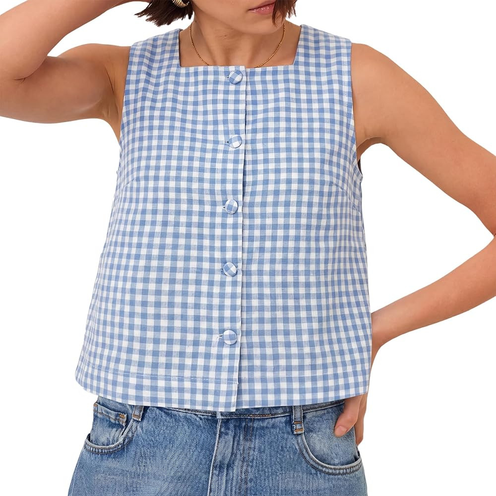 Ainangua Women Plaid Square Neck Tank Top Summer Y2K Gingham Sleeveless Down Crop Vest Vacation B... | Amazon (US)