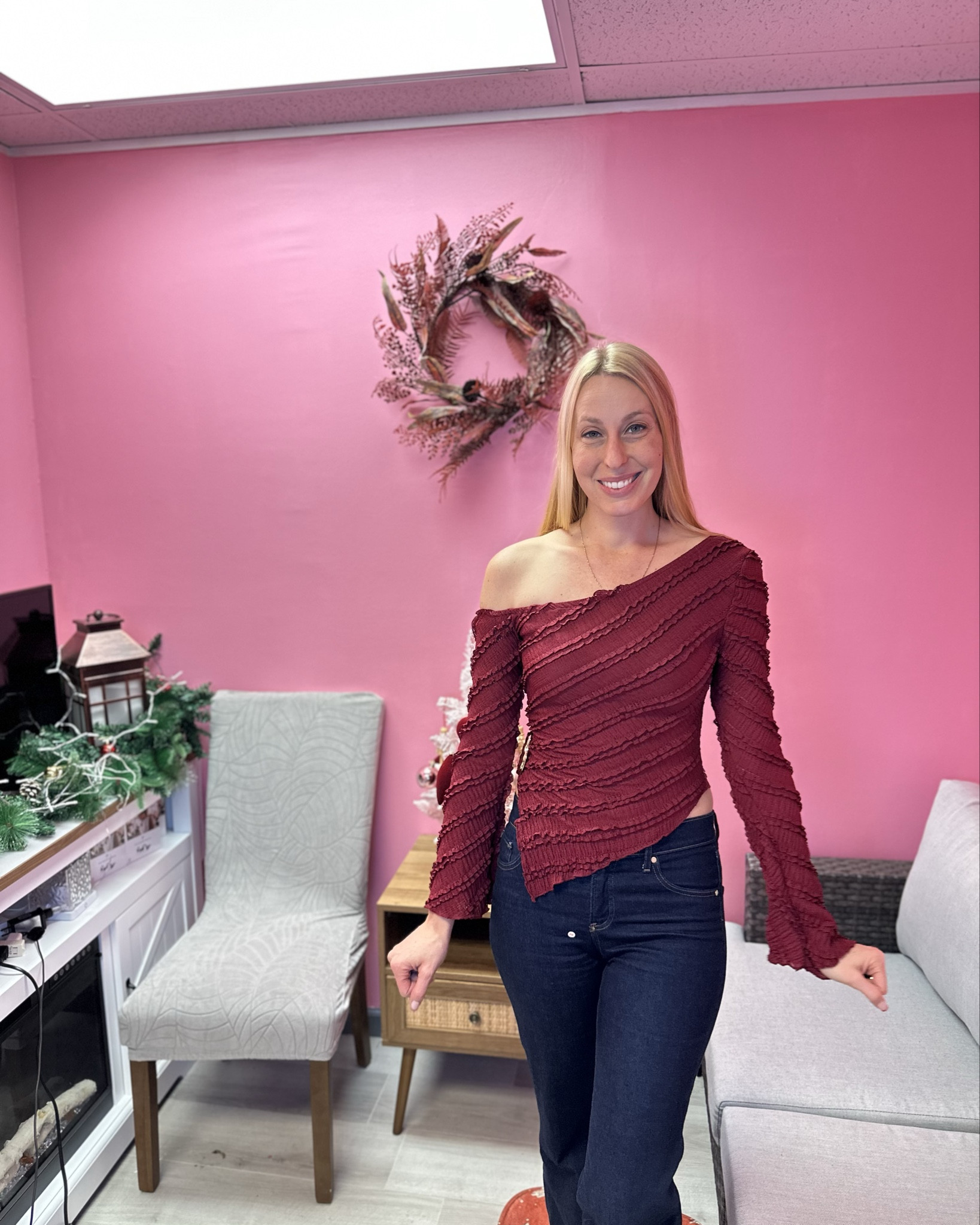 Holiday asymmetrical blouse 
❤️ this top would be a cute option for date night or Christmas dinner 
❤️ it is fitted and has stretch
❤️ I am wearing size small, fits true to size, I am 5’10”

#LTKWorkwear #LTKFindsUnder50 #LTKTall