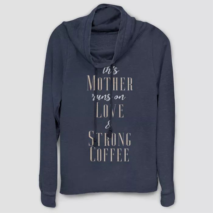 Women's Runs On Love N Coffee Cowl Neck Sweatshirt (Juniors') - Navy | Target