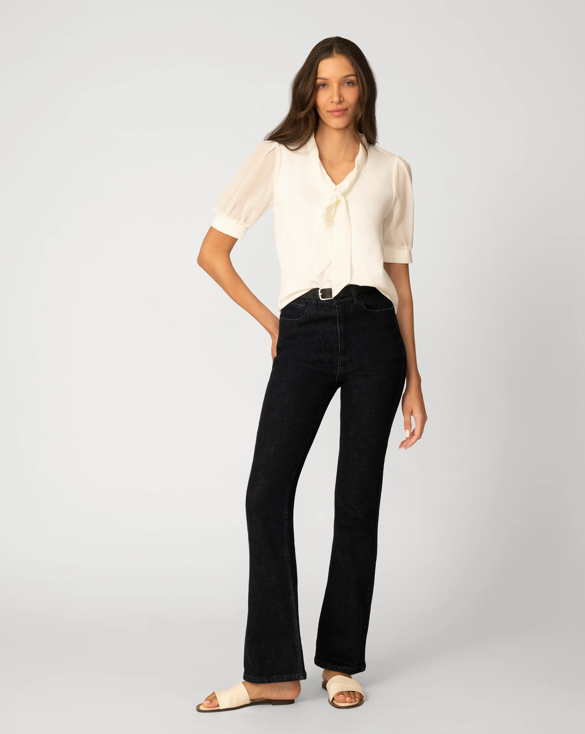 Women's Tie Neck Top with Puff Sleeves in Snow White | Cable & Gauge | Cable & Gauge