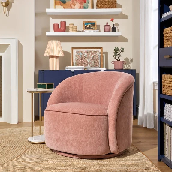 Beautiful Georgiana Swivel Chair by Drew Barrymore, Rose Pink with Faux Leather Rust Piping | Walmart (US)