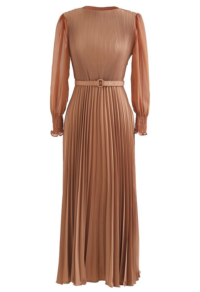 Full Pleated Belted Maxi Dress in Tan | Chicwish