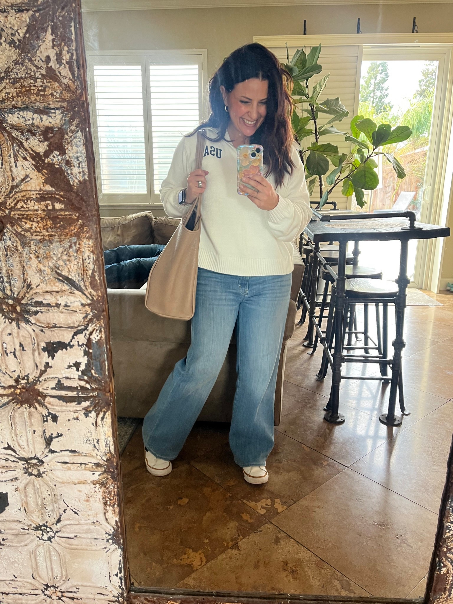 Cleaning my mirror really is on my to do list! 😆 It felt like spring for a week, but we are back to winter in Northern, CA. My USA sweater is sold out, I’ve linked some similar options. 

#LTKFindsUnder50 #LTKPetite #LTKOver40