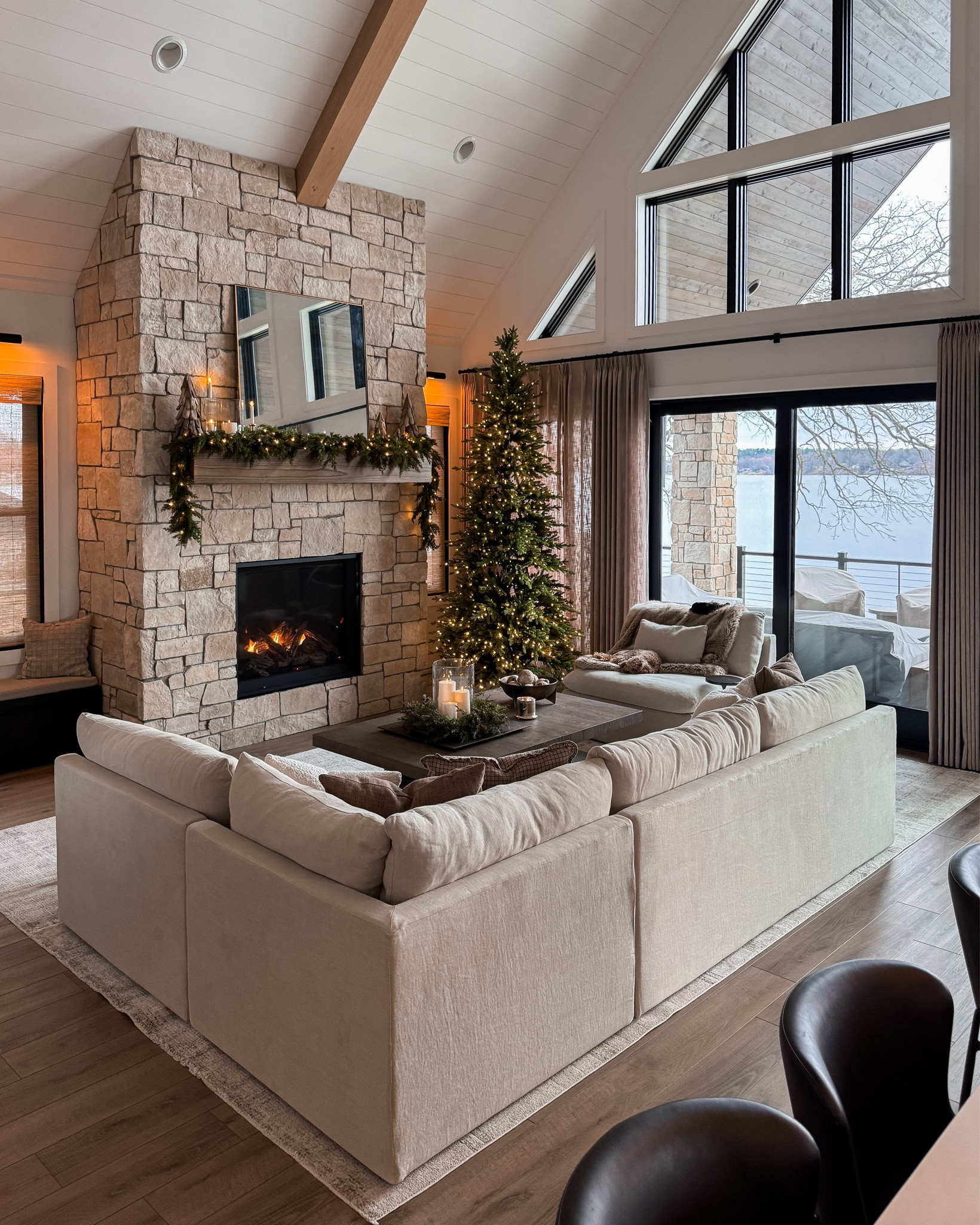 A cozy cabin Christmas ✨ our livingroom has never felt so good at the cabin. It feels like a warm hug. Our sectional matching chair are from the Aria Collection from Sixpenny Home. We have the color warm oatmeal in the medium weight linen. 

#LTKHoliday #LTKHome #LTKSeasonal