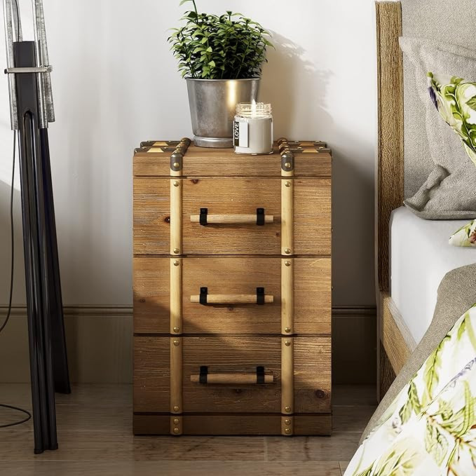 Vintage Mid Century Nightstand with 3-Drawer, Distressed SOLID WOOD End Table Side Table for Livi... | Amazon (US)