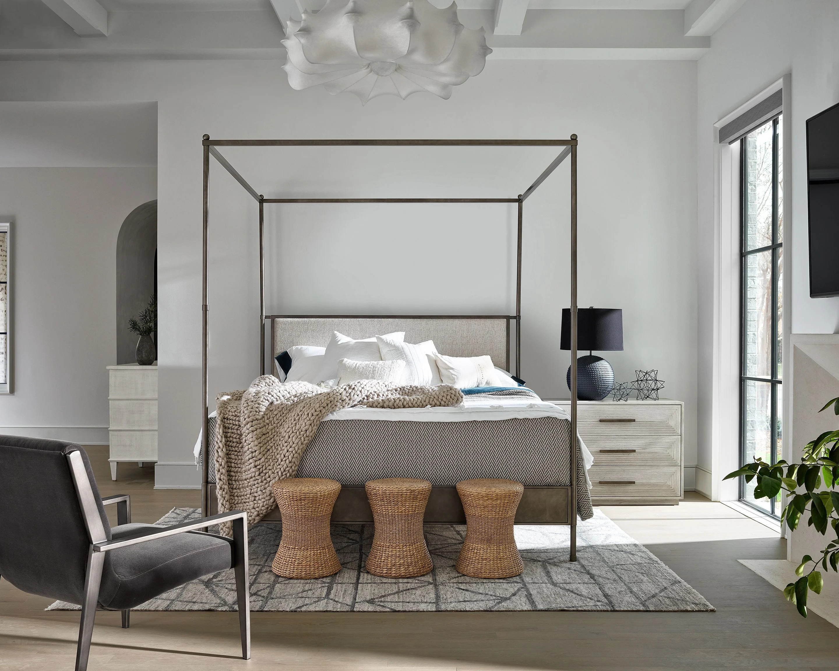 Modern Farmhouse Poster Canopy Bedroom Set In Pepper | 1stopbedrooms