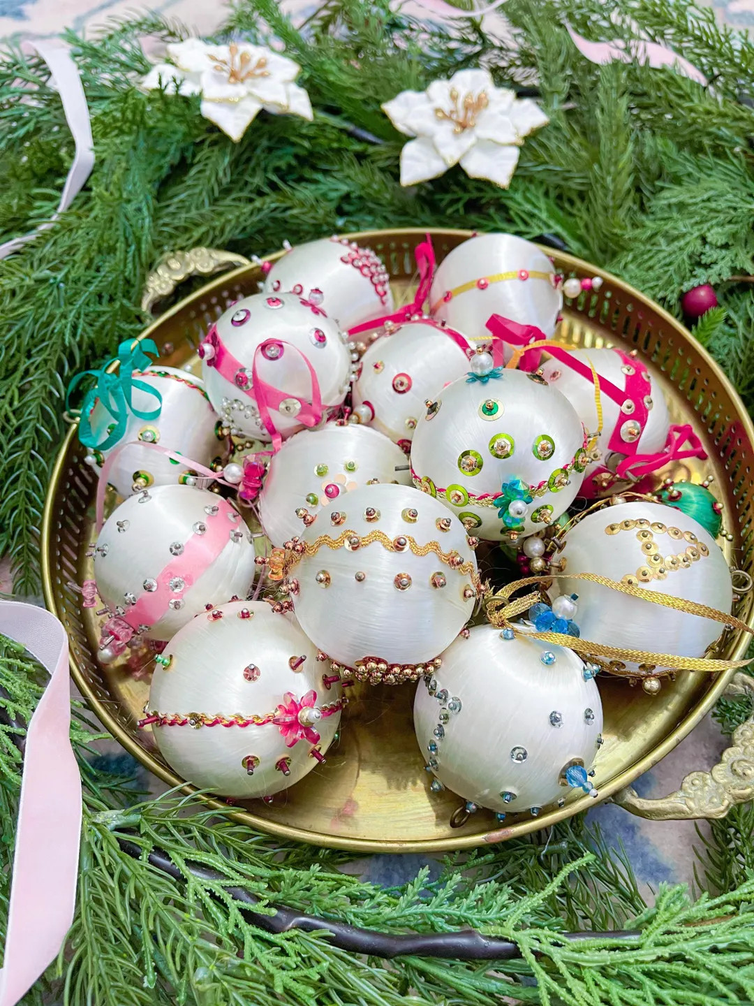 Set of 13 Curated White and Pastel Ribbon Push Pin Spun Yarn Christmas Ornaments Mid Century, Gra... | Etsy (US)