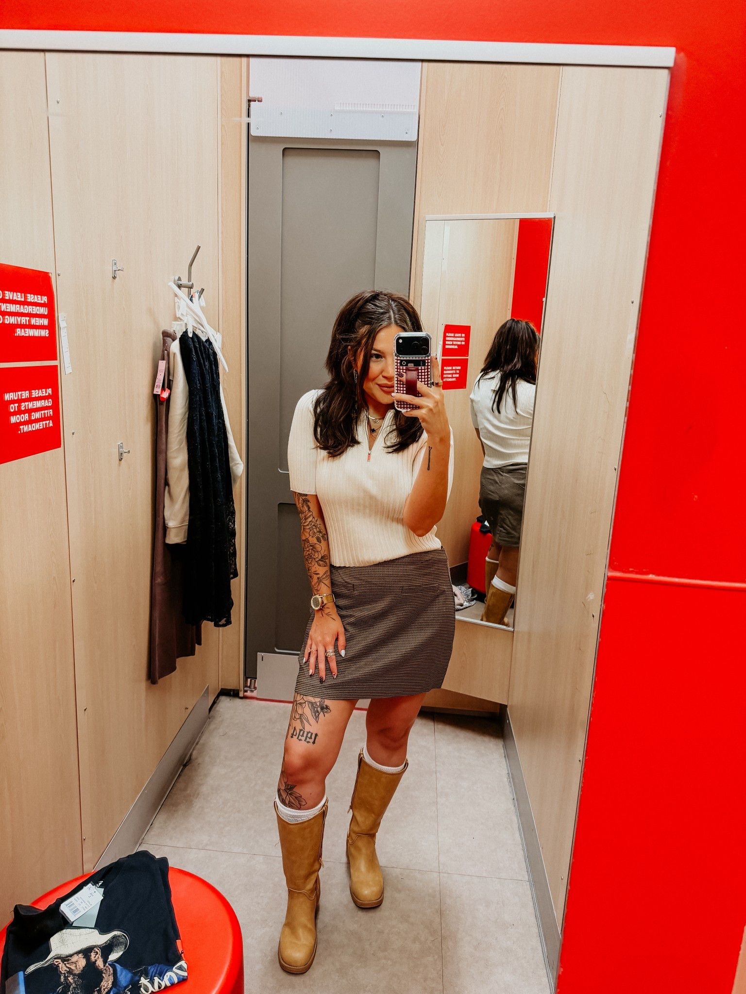 Target fall outfit find 🍂 This zip-up ribbed short sleeve sweater paired with a chic fall skirt, boots, and cozy boot socks is the perfect mix of cute + comfy. 

150lbs | M shirt | 8 skirt 

#LTKStyleTip #LTKSeasonal #LTKMidsize