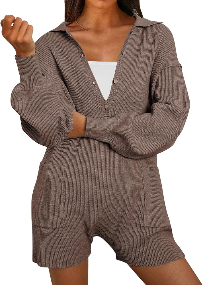 Women's Long Sleeve 2023 Knit Sweater Rompers Fall V Neck Outfits Button Down One Piece Jumpsuits... | Amazon (US)