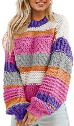 Saodimallsu Womens Color Block Sweater Striped Chunky Knit Cropped Sweaters Crewneck Fall Long Sl... | Amazon (US)