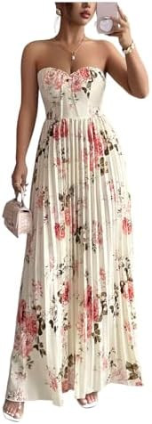 OYOANGLE Women's Summer Floral Wedding Guest Dress Jacquard Tube Sleeveless Pleated A Line Cockta... | Amazon (US)
