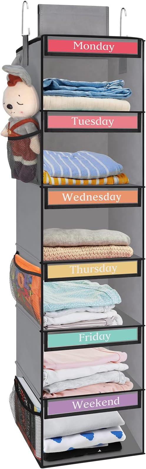 Fixwal 6-Shelf Weekly Hanging Closet Organizer for Kids with 6 Side Pockets, Weekday Kids Clothes... | Amazon (US)