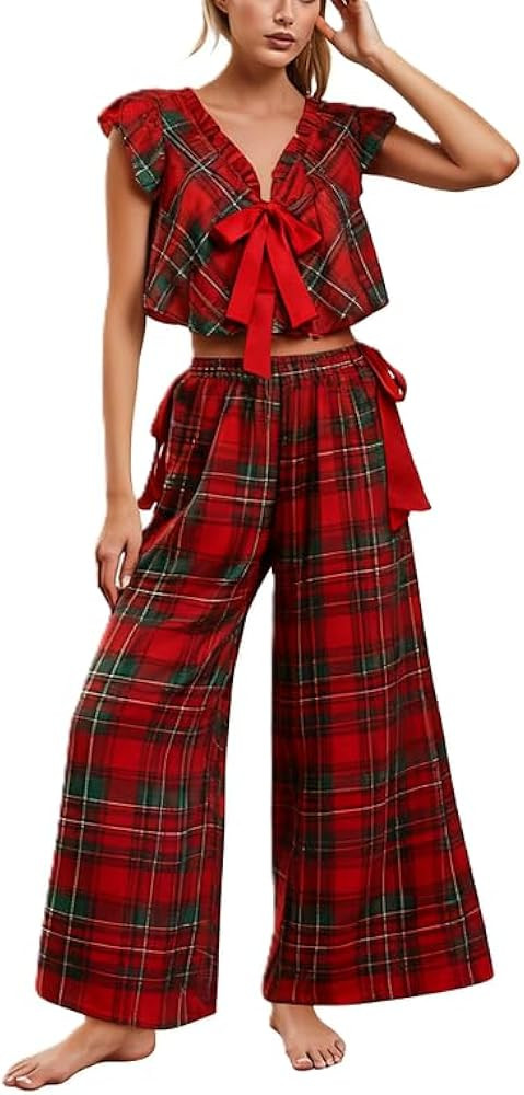 Women Y2K Christmas Plaid Pajama Set Puff Sleeve Babydoll Gingham Pj Sets Short Sleeve Long Pants... | Amazon (US)