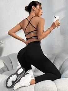Solid Color Backless Camisole And Tight Fitting 7/8 Leggings Sports Suit | SHEIN