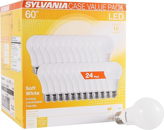 SYLVANIA LED A19 Light Bulb, 60W Equivalent, Efficient 8.5W, 10 Year, 2700K, 800 Lumens, Frosted,... | Amazon (US)
