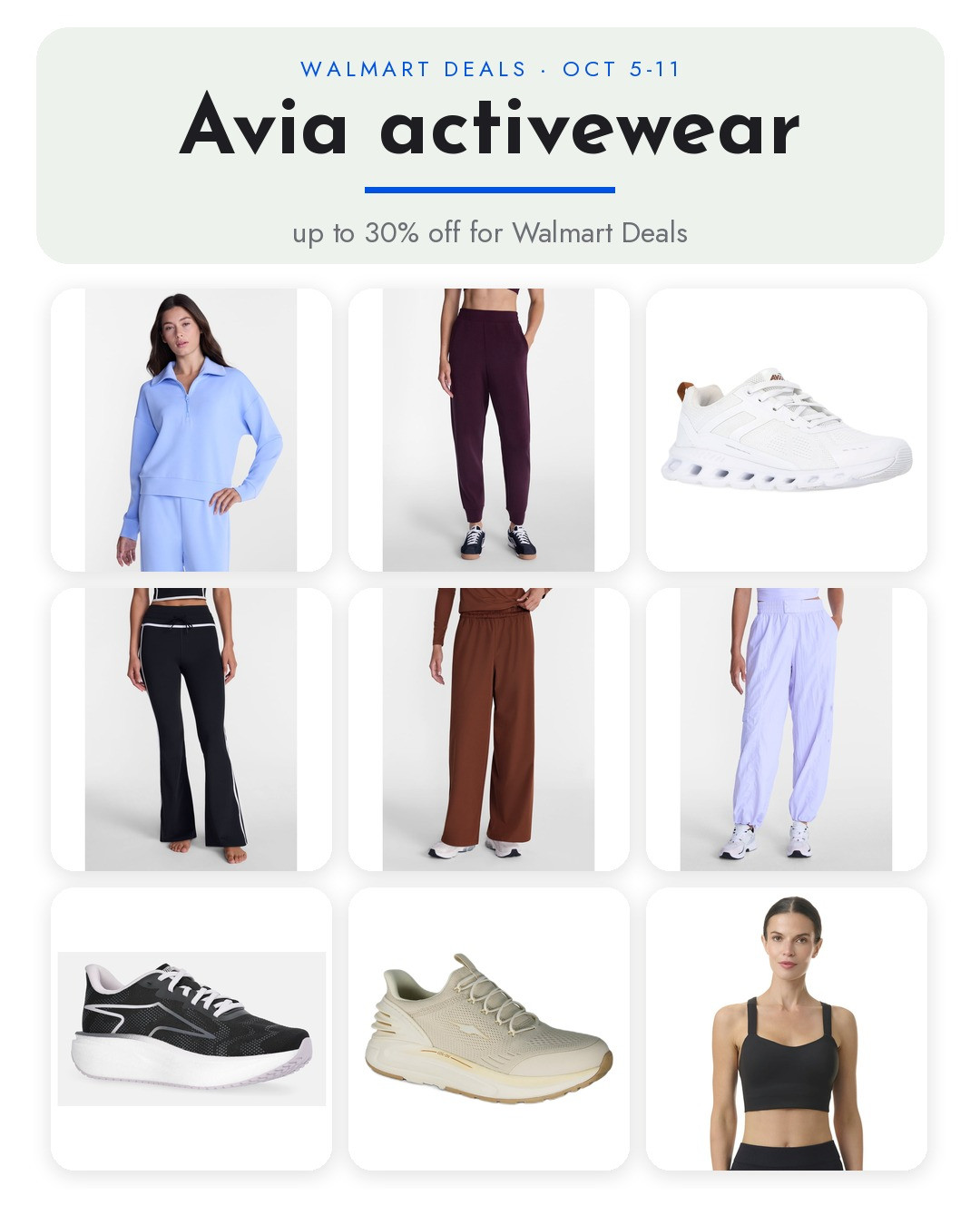🏃‍♀️ Avia activewear is up to 30% off for Walmart Deals, through Oct 11

❤️ The ones I actually own
ScubaKnit quarter-zip pullover — $14 (reg $20)
ScubaKnit joggers — $14 (reg $20)
Athletic Light Runner sneakers — $20 (reg $27)
I have the quarter-zip and jogger set and the Light Runners, and both are great.

👖 More bottoms
Rib SoftSculpt flare pants — $14 (reg $20)
Sheen FeatherStretch wide leg pants — $14 (reg $20)
Hike cargo pants — $14 (reg $20)

👟 More sneakers + a bra
DN4582 running sneakers — $35 (reg $50)
Coil On slip-in sneakers — $20 (reg $30)
Longline strappy sports bra — $10.49 (reg $14.98)

The quarter-zip and joggers come in black soot, blue lark, grey fog, khaki safari, mauve pearl, molten earth, sandwashed black, wheat heather and wild ginger. The flare pants come in black, green, molten earth and sage. The cargo pants come in lavender and smoky olive.

Prices are the Walmart Deals sale price.

Avia, Walmart activewear, Walmart fashion, athleisure, joggers, flare leggings, quarter zip, sports bra, wide leg pants, cargo pants, sneakers, Walmart Deals 

 