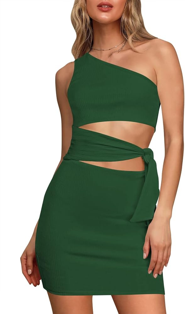 Pink Queen Women's Summer One Shoulder Sleeveless Cutout Tie Ribbed Bodycon Mini Short Dress | Amazon (US)