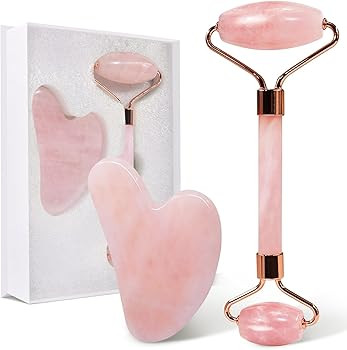 Face Massager Rose Quartz Face Roller & Gua Sha Facial Tool Set, Lymphatic Drainage Massage Tool ... | Amazon (US)