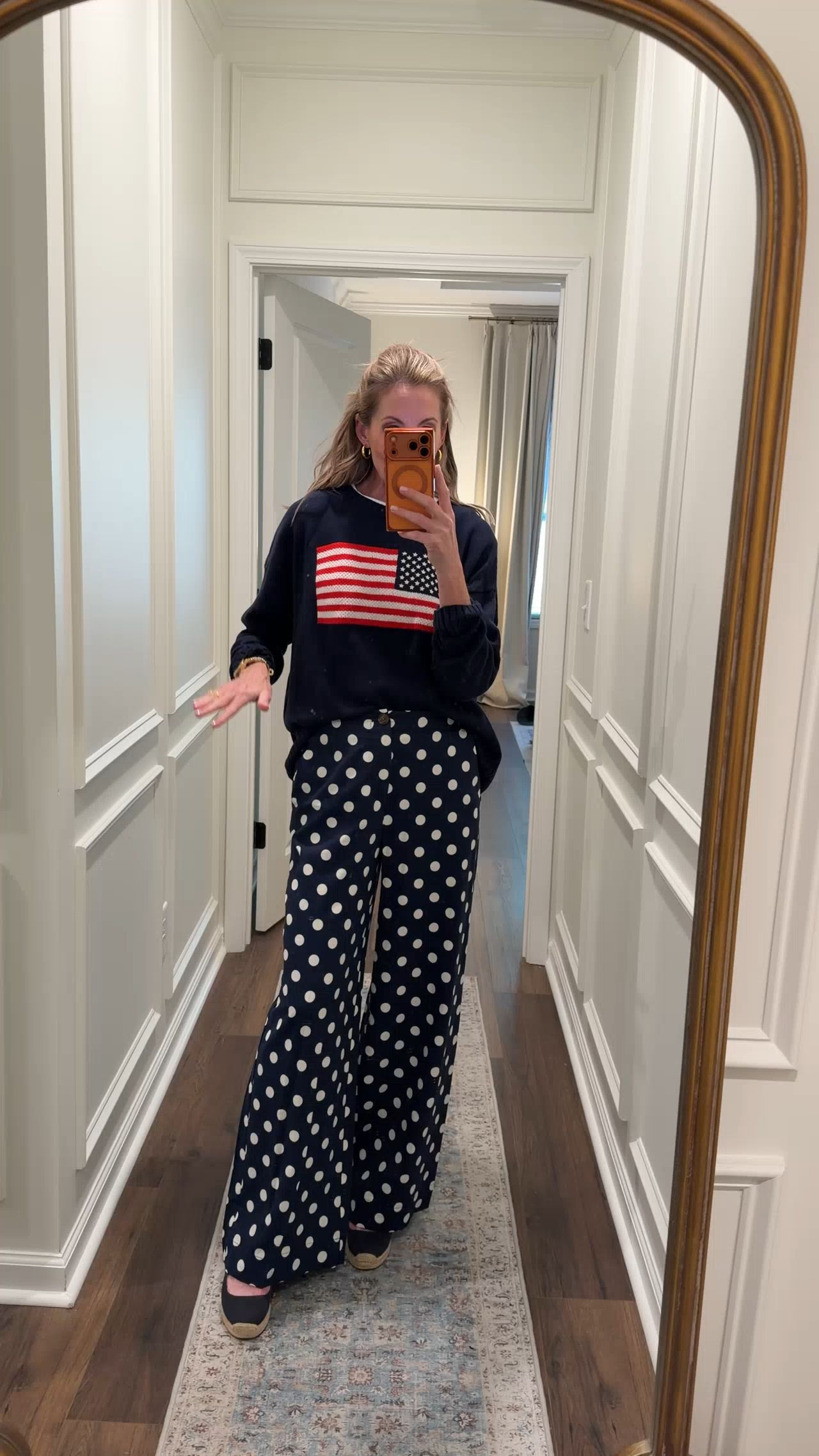 Target polkadot pants $40 a size 2 also have in the stripe. Walmart $10 tee. Target Navy sweat sweater.  Size medium.
