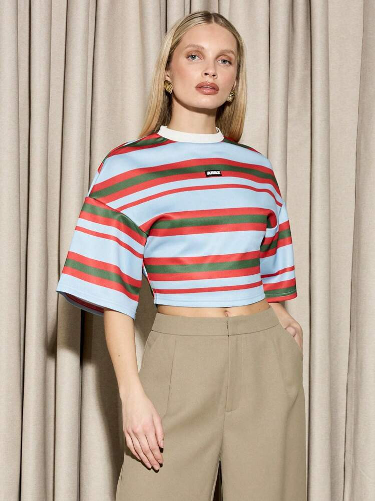 AiiRZ Striped Oversized Drop Shoulder Round Neck Cropped T-Shirt | SHEIN