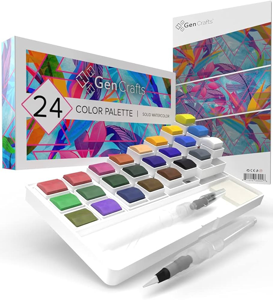 GenCrafts Watercolor Palette with Paper Pad 24 Premium Colors - 2 Refilable Water Brush Pens - 15... | Amazon (US)