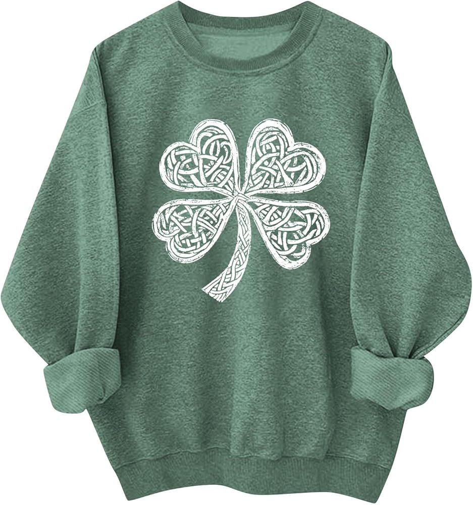 St Patricks Day Sweatshirt Women Four Leaf Clover Shirt Long Sleeve Crewneck Pullover Irish Holid... | Amazon (US)
