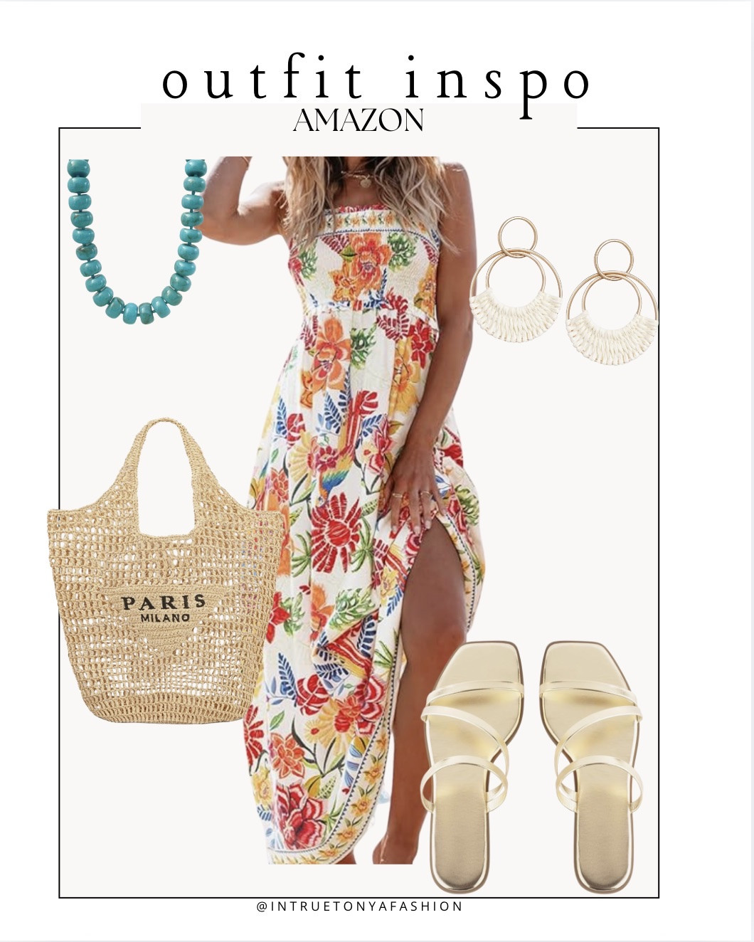 Summer floral maxi dress with Paris tote bag, gold sandals, beaded necklace and earrings






vacation outfits, tropical outfits, beach outfits, beach clothes, resort wear 2026, summer outfits, beach vacation outfit, summer dress, beach dress,

#LTKootd #LTKPetite #LTKTravel