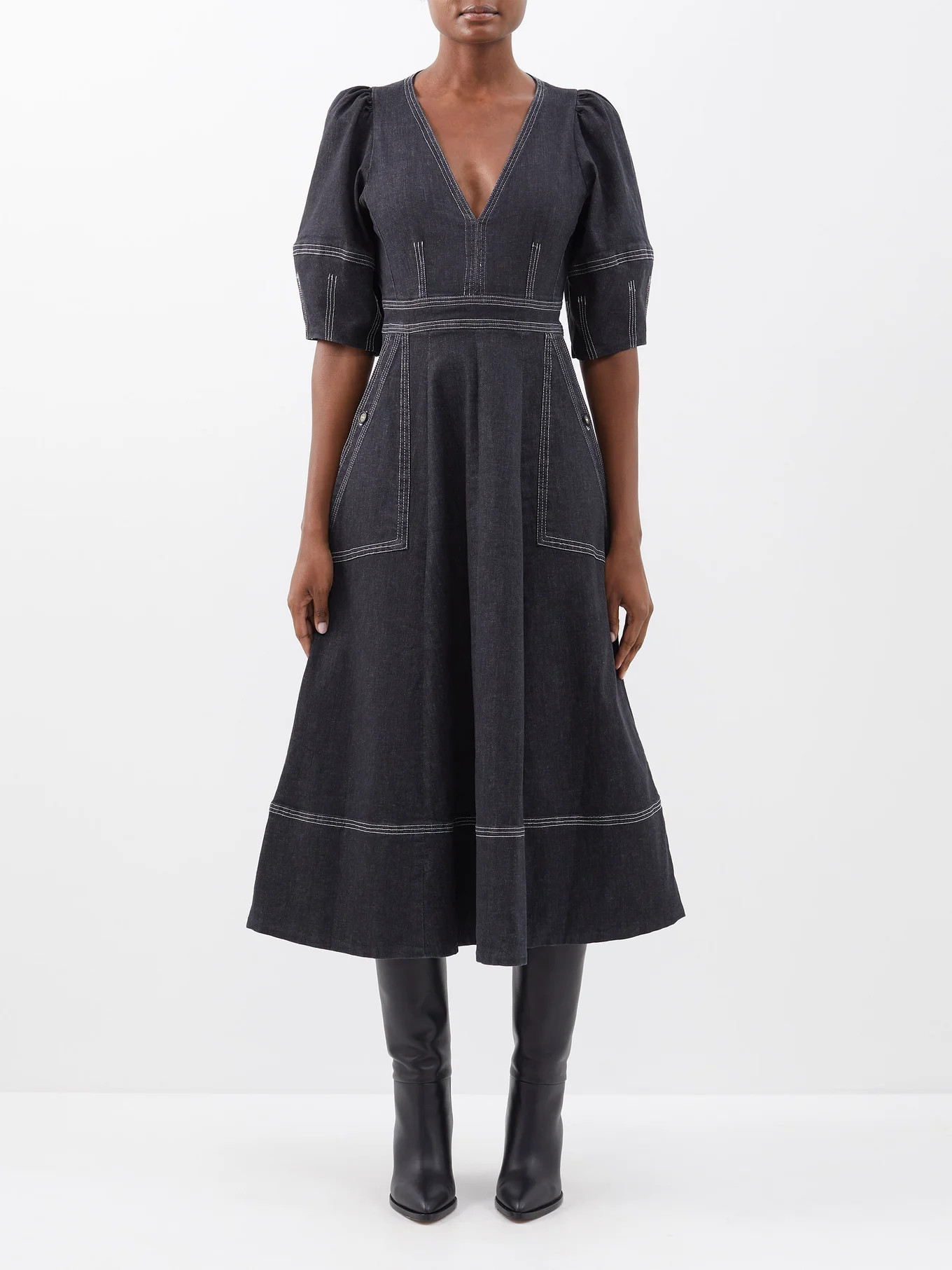 Lantern V-neck denim midi dress | Matches (US)