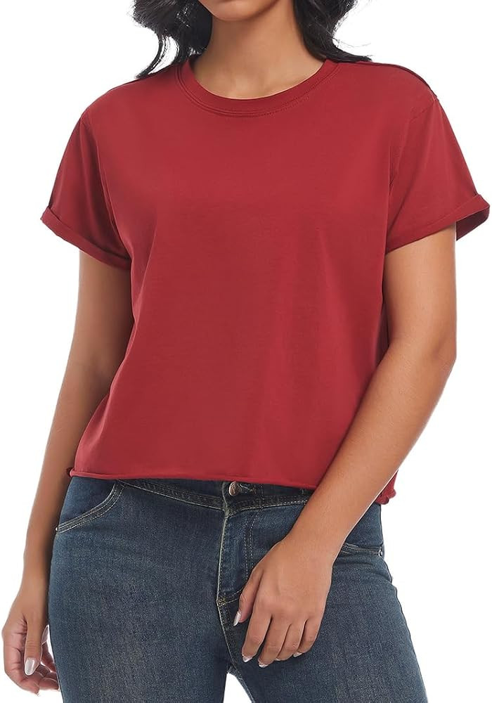 Women's Summer Casual Workout Shirts Loose Fit Basic Short Sleeve Crop Tops Baggy Gym Yoga Athlet... | Amazon (US)