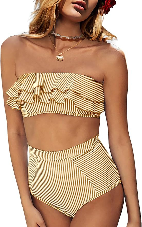 Saodimallsu Women High Waisted 2 Piece Bikini Set Bandeau Ruffle Swimsuit Top Striped Bathing Sui... | Amazon (US)