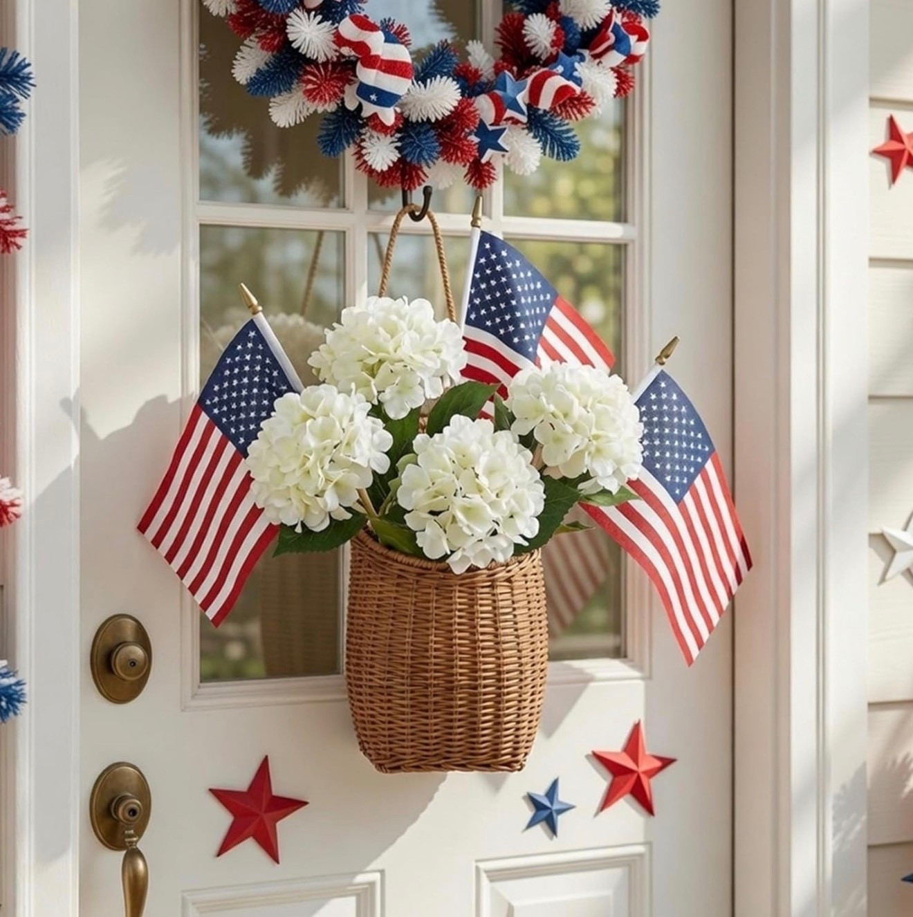 Patriotic Door Basket Decor 🇺🇸✨ Easy Memorial Day & 4th of July Entryway

Such a cute and easy way to style your front door for summer 🇺🇸❤️ This patriotic door hanger basket comes ready to go with white hydrangeas, mini American flags, and a woven rattan-style basket for that classic coastal farmhouse look ✨

I love how effortless this is—just hang it up and you instantly have the prettiest festive entryway for Memorial Day, the 4th of July, and all your summer hosting 🇺🇸🏡 It would also be so pretty styled indoors on a hook or used as a centerpiece!

patriotic door decor, 4th of july decorations, memorial day decor, front door basket, summer porch styling, americana decor, coastal farmhouse style, hydrangea decor, entryway styling

#LTKHome #LTKSeasonal #LTKmomlife