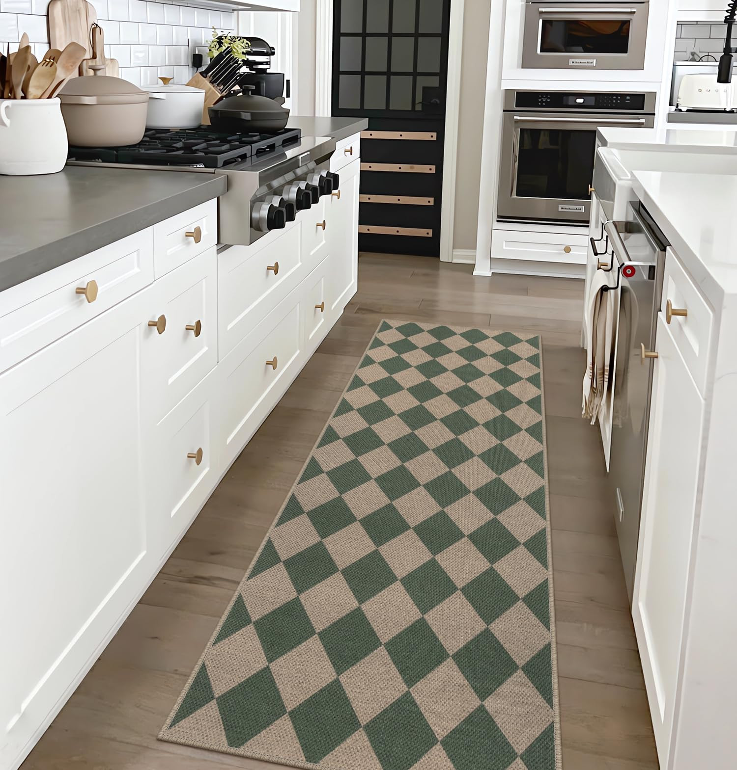 Easy Jute Checkered Runner Rug, 2x6 Green Modern Washable Rugs Runner for Hallway Non-Slip Kitche... | Amazon (US)