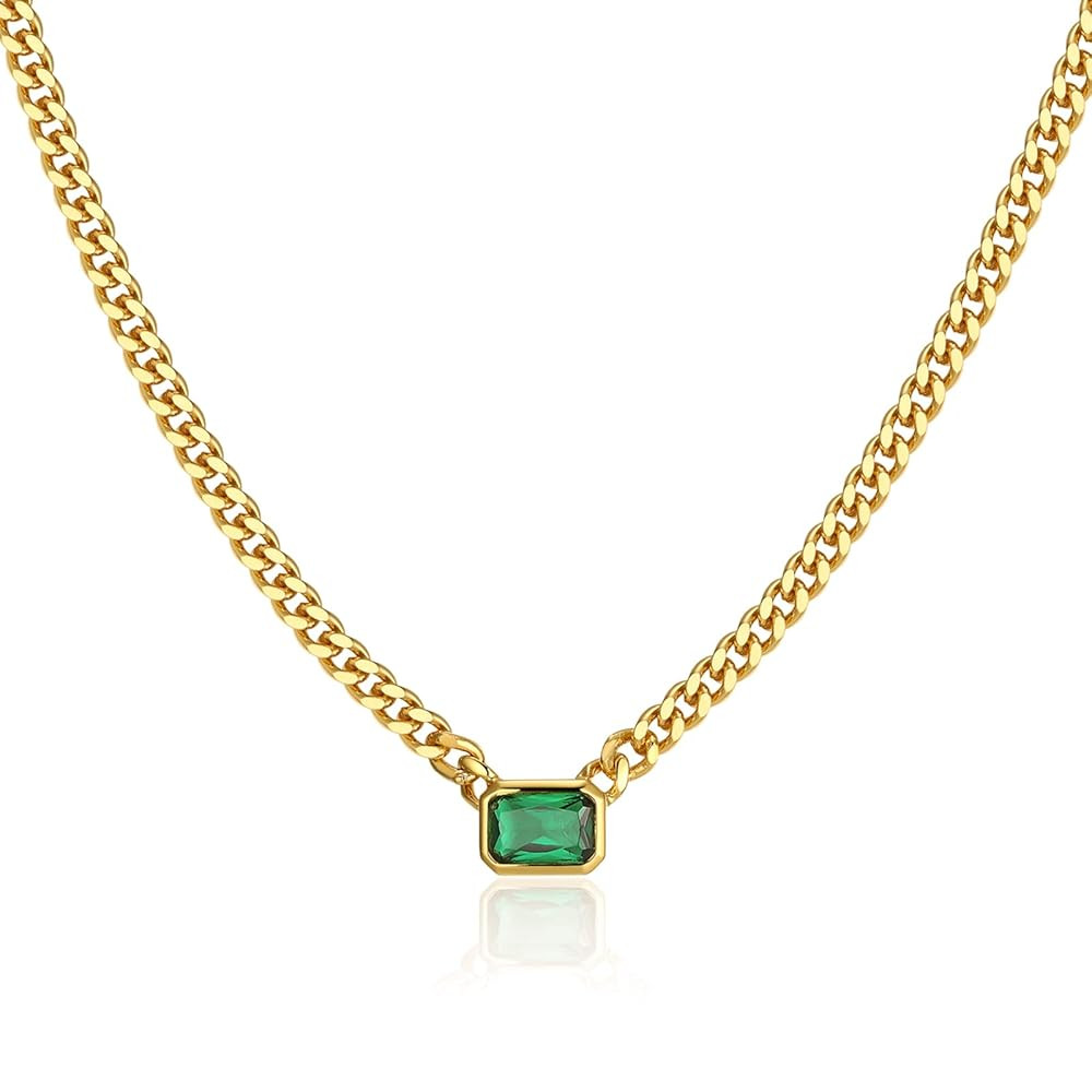 espere Baguette CZ Necklace | Emerald Cut Pendant Cuban Link Chain Choker 14'' with 2'' Extender | Amazon (US)